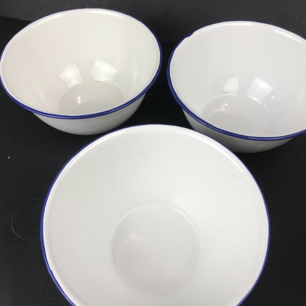 Set of 3 metal enamel Pottery Barn Bowls